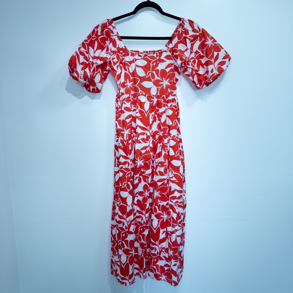 Meadow‎ Rhodes Red Floral Balloon Sleeve Midi Dress Size Small NWT